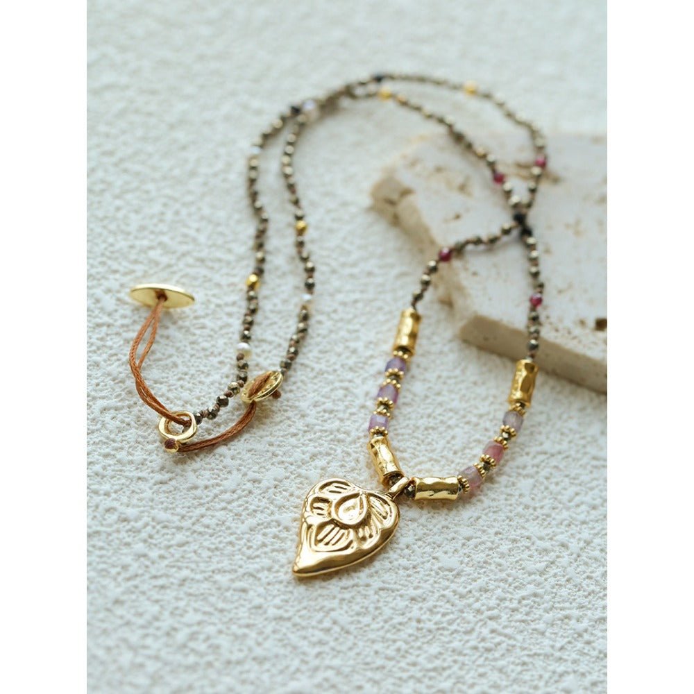 Vintage Heart Floral Carved Pendant Colorful Natural Stone Beaded Necklace - floysun