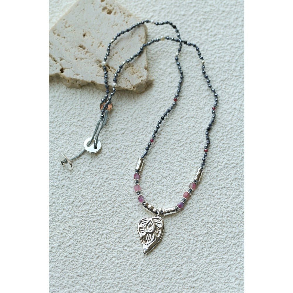 Vintage Heart Floral Carved Pendant Colorful Natural Stone Beaded Necklace - floysun