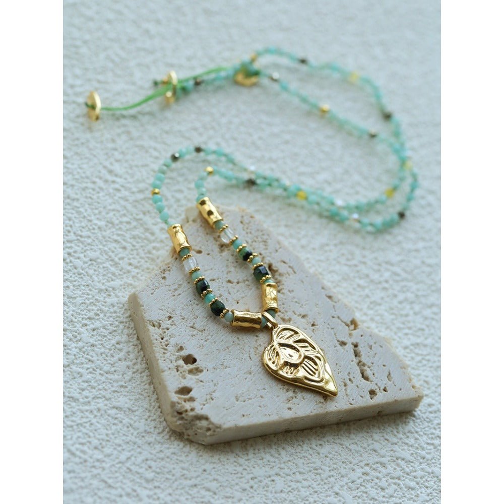 Vintage Heart Floral Carved Pendant Colorful Natural Stone Beaded Necklace - floysun