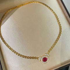 Vintage Heritage Tank Chain Necklace Ruby Sugar - Loaf Cabochon Station - floysun