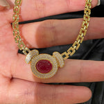 Vintage Heritage Tank Chain Necklace Ruby Sugar - Loaf Cabochon Station - floysun