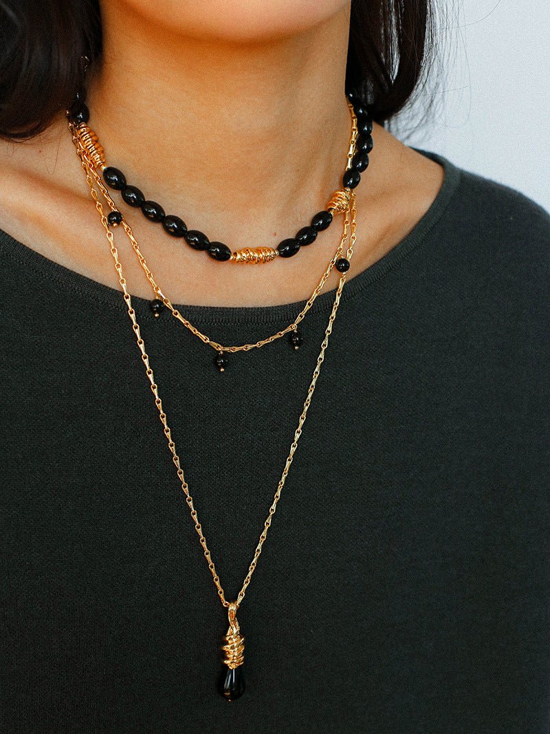Vintage - Inspired Black Agate Pendant Long Necklace - floysun