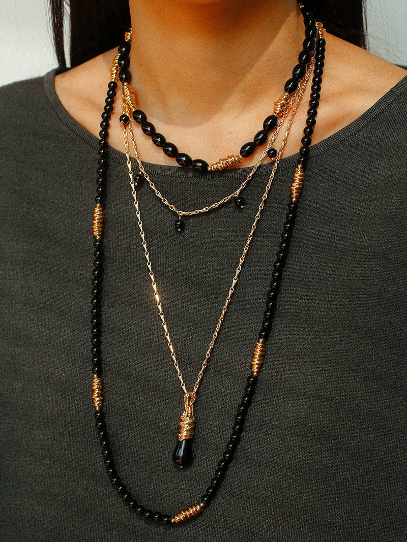 Vintage - Inspired Black Agate Pendant Long Necklace - floysun