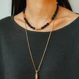 Vintage - Inspired Black Agate Pendant Long Necklace - floysun