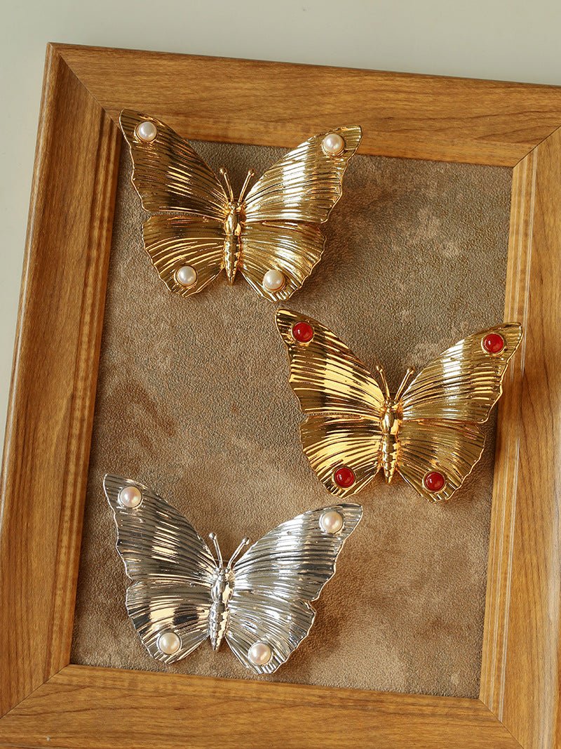 Vintage - Inspired Butterfly Brooch with Pearl & Red Agate - floysun