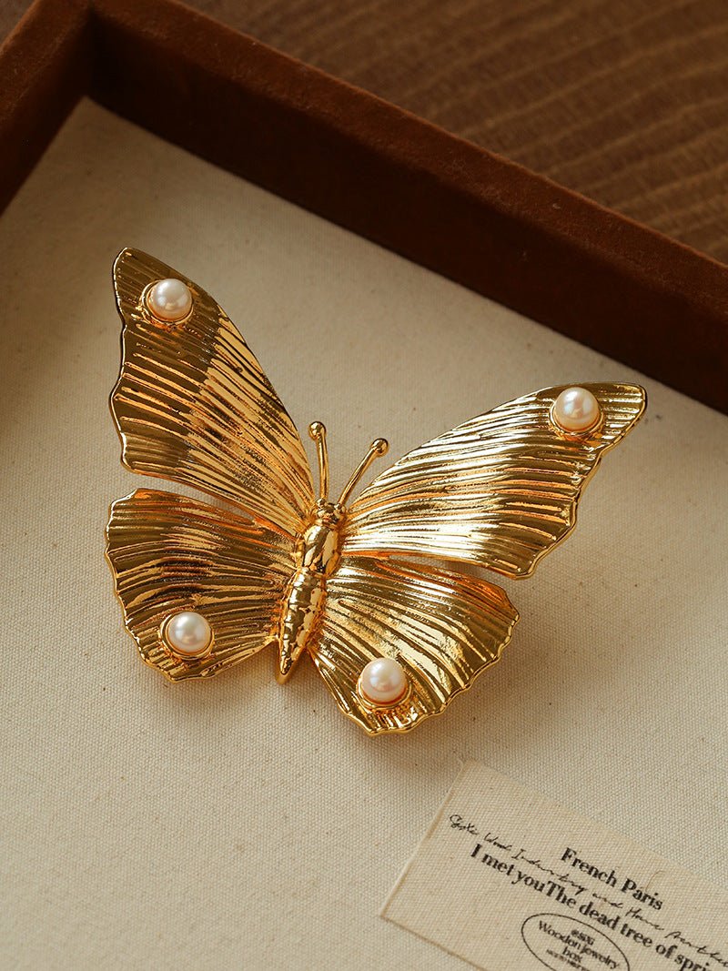 Vintage - Inspired Butterfly Brooch with Pearl & Red Agate - floysun