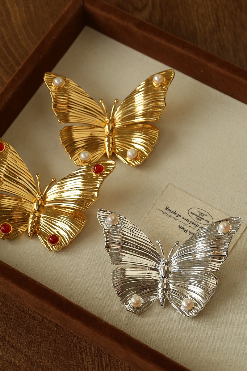 Vintage - Inspired Butterfly Brooch with Pearl & Red Agate - floysun