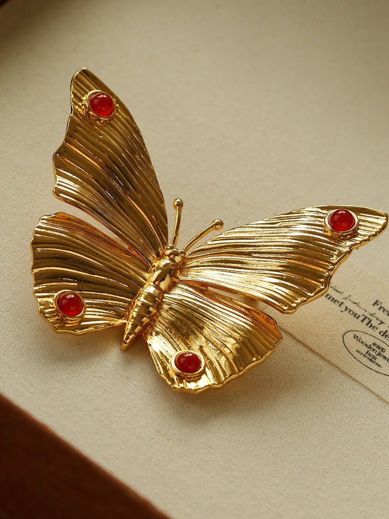 Vintage - Inspired Butterfly Brooch with Pearl & Red Agate - floysun