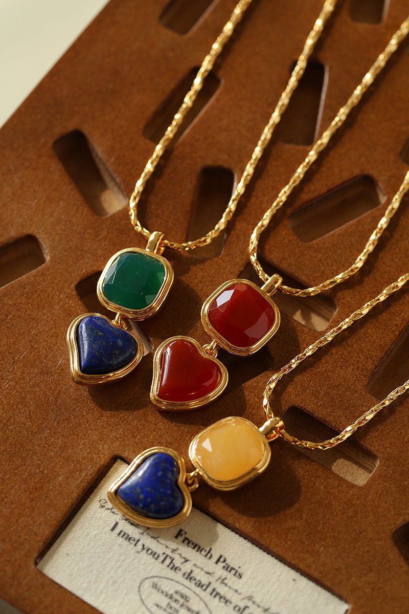 Vintage - Inspired Double Stone Heart & Square Pendant Necklace - floysun