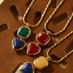 Vintage - Inspired Double Stone Heart & Square Pendant Necklace - floysun