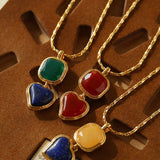Vintage - Inspired Double Stone Heart & Square Pendant Necklace - floysun