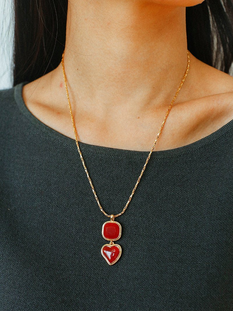Vintage - Inspired Double Stone Heart & Square Pendant Necklace - floysun