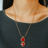 Vintage - Inspired Double Stone Heart & Square Pendant Necklace - floysun