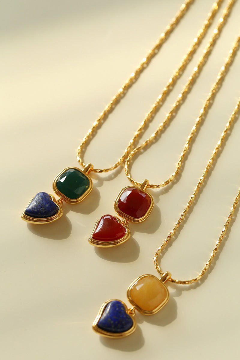 Vintage - Inspired Double Stone Heart & Square Pendant Necklace - floysun