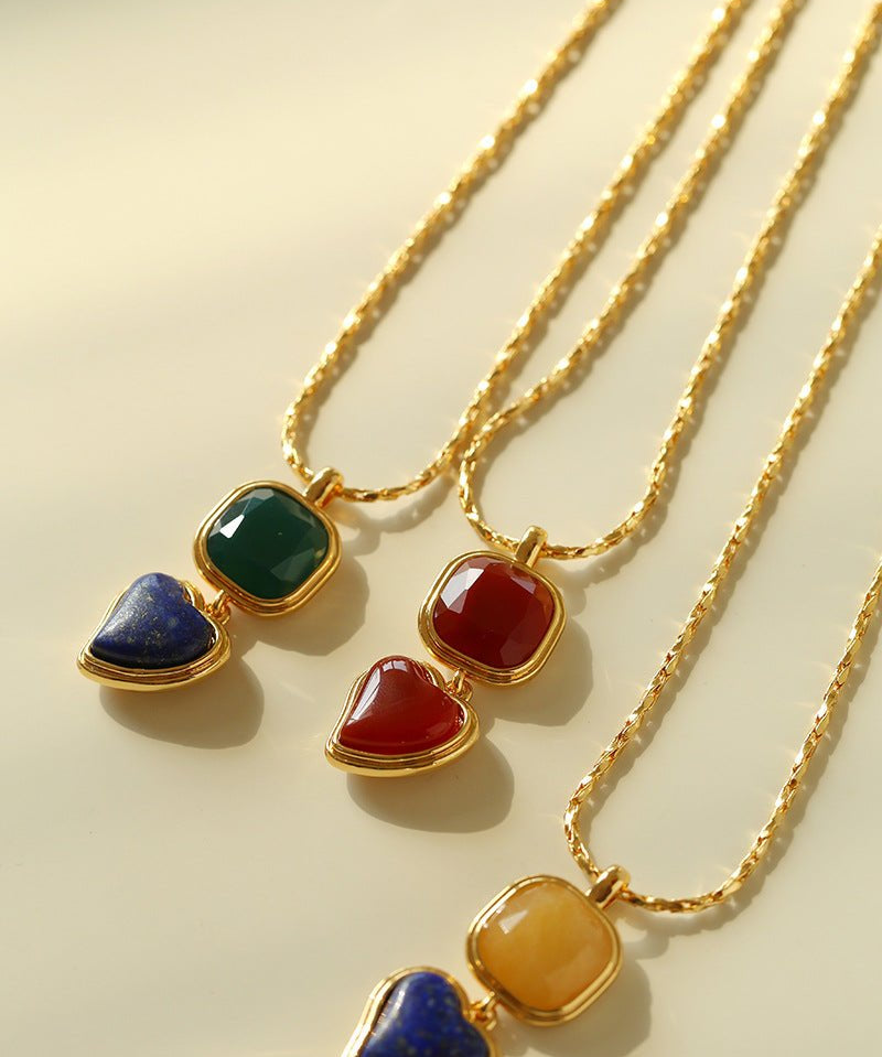 Vintage - Inspired Double Stone Heart & Square Pendant Necklace - floysun