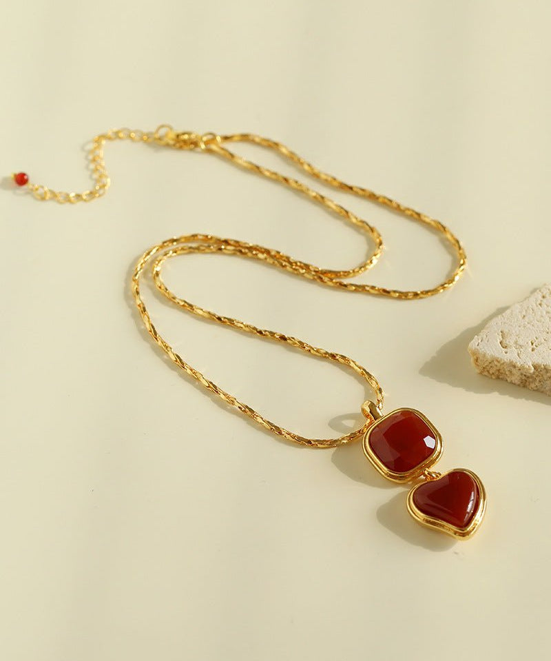 Vintage - Inspired Double Stone Heart & Square Pendant Necklace - floysun