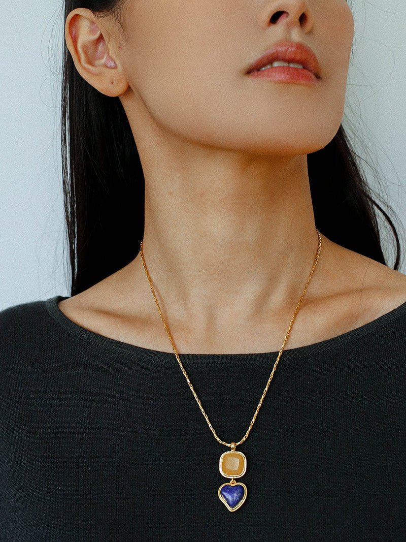 Vintage - Inspired Double Stone Heart & Square Pendant Necklace - floysun