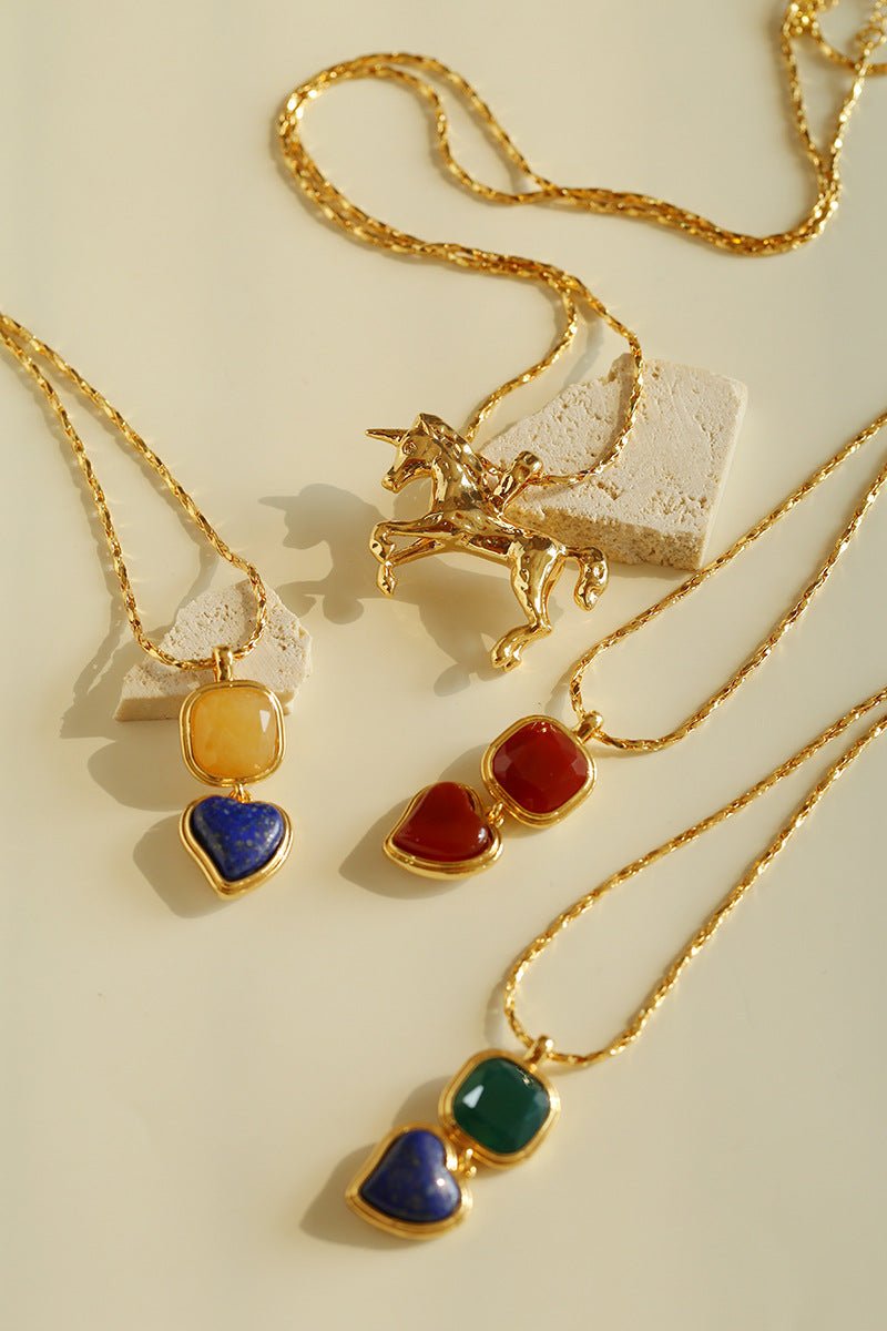 Vintage - Inspired Double Stone Heart & Square Pendant Necklace - floysun