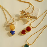 Vintage - Inspired Double Stone Heart & Square Pendant Necklace - floysun