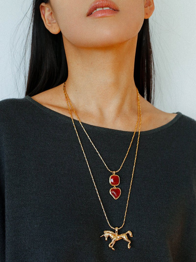 Vintage - Inspired Double Stone Heart & Square Pendant Necklace - floysun