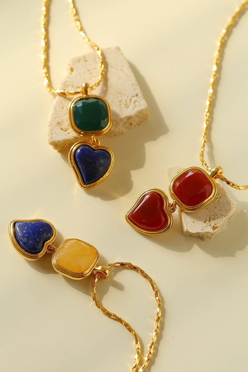 Vintage - Inspired Double Stone Heart & Square Pendant Necklace - floysun
