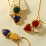 Vintage - Inspired Double Stone Heart & Square Pendant Necklace - floysun