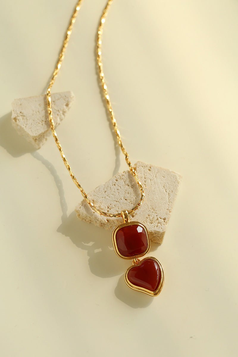 Vintage - Inspired Double Stone Heart & Square Pendant Necklace - floysun