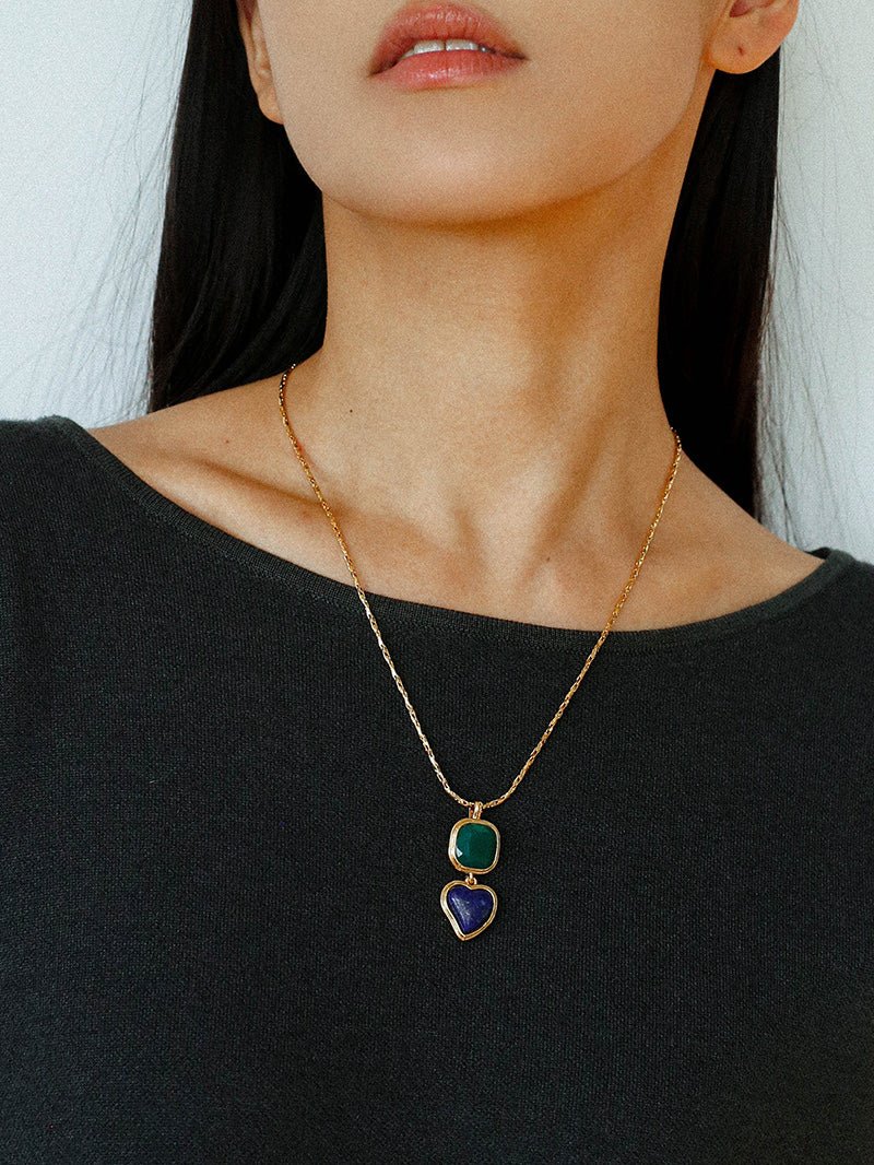 Vintage - Inspired Double Stone Heart & Square Pendant Necklace - floysun