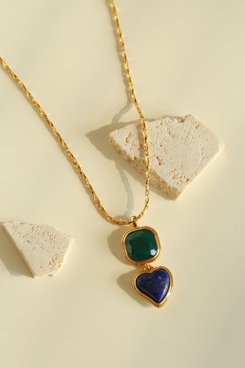 Vintage - Inspired Double Stone Heart & Square Pendant Necklace - floysun