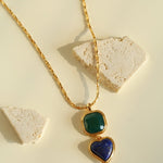 Vintage - Inspired Double Stone Heart & Square Pendant Necklace - floysun