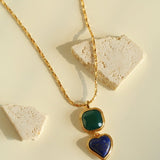 Vintage - Inspired Double Stone Heart & Square Pendant Necklace - floysun