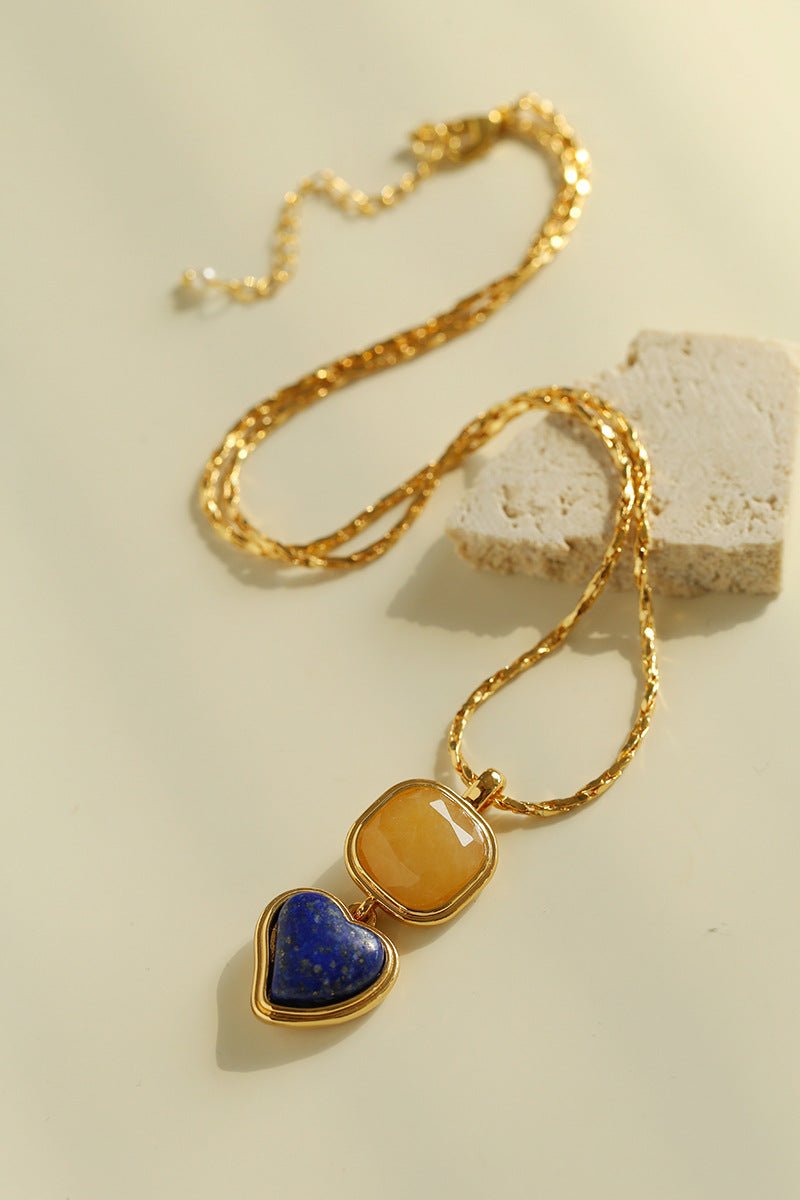 Vintage - Inspired Double Stone Heart & Square Pendant Necklace - floysun