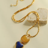 Vintage - Inspired Double Stone Heart & Square Pendant Necklace - floysun