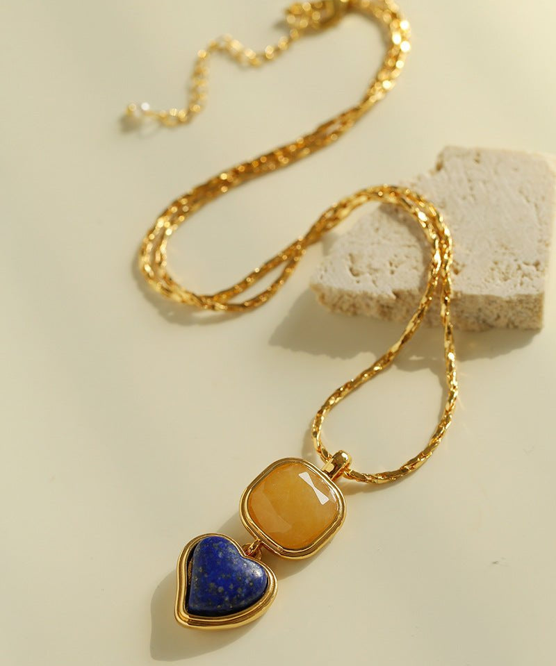 Vintage - Inspired Double Stone Heart & Square Pendant Necklace - floysun