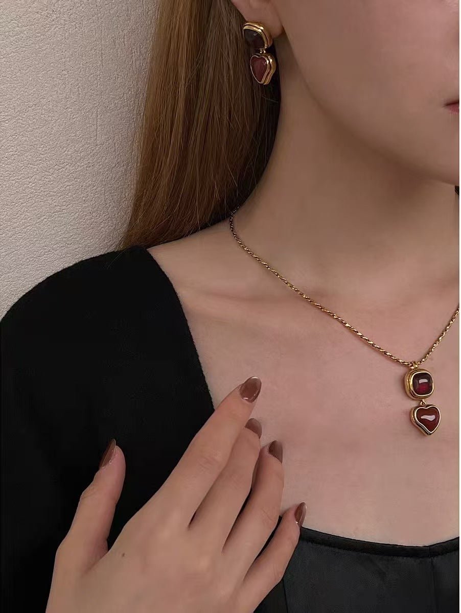 Vintage - Inspired Double Stone Heart & Square Pendant Necklace - floysun