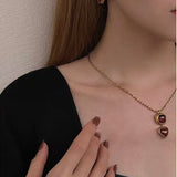 Vintage - Inspired Double Stone Heart & Square Pendant Necklace - floysun