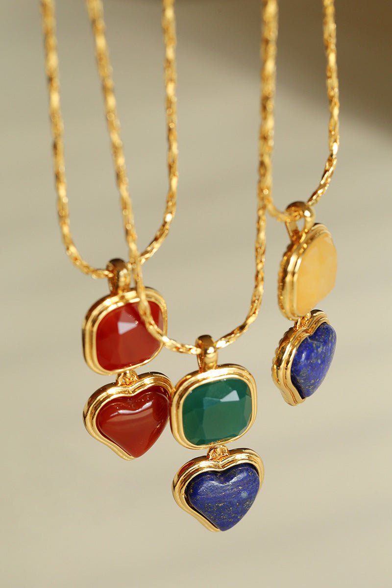 Vintage - Inspired Double Stone Heart & Square Pendant Necklace - floysun