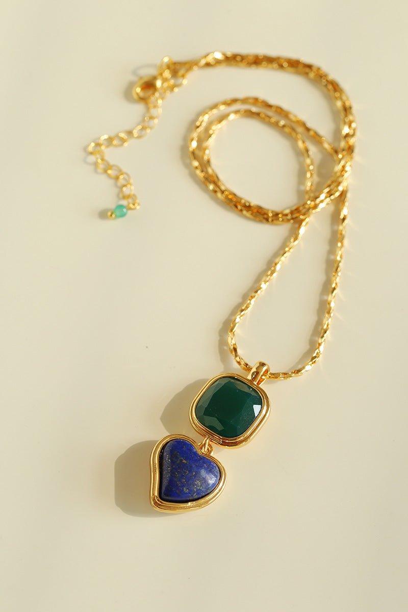 Vintage - Inspired Double Stone Heart & Square Pendant Necklace - floysun