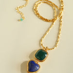 Vintage - Inspired Double Stone Heart & Square Pendant Necklace - floysun