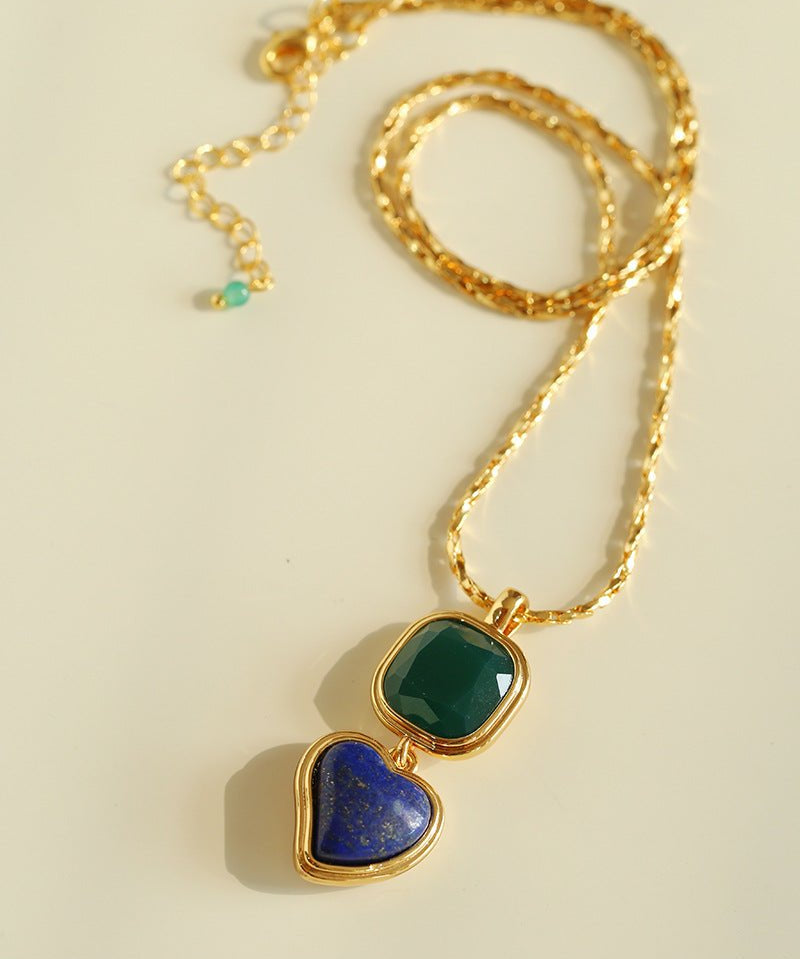 Vintage - Inspired Double Stone Heart & Square Pendant Necklace - floysun