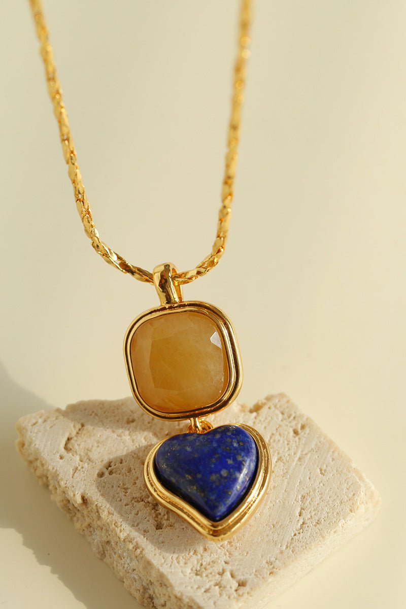 Vintage - Inspired Double Stone Heart & Square Pendant Necklace - floysun