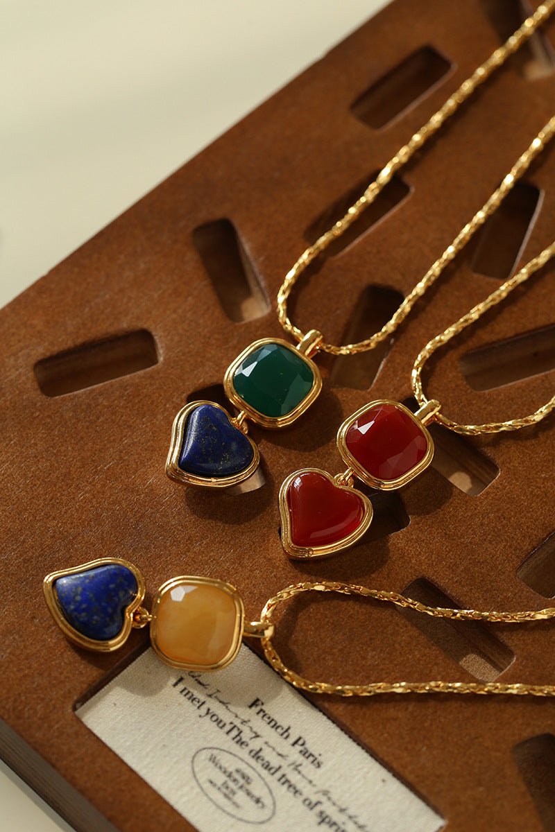 Vintage - Inspired Double Stone Heart & Square Pendant Necklace - floysun