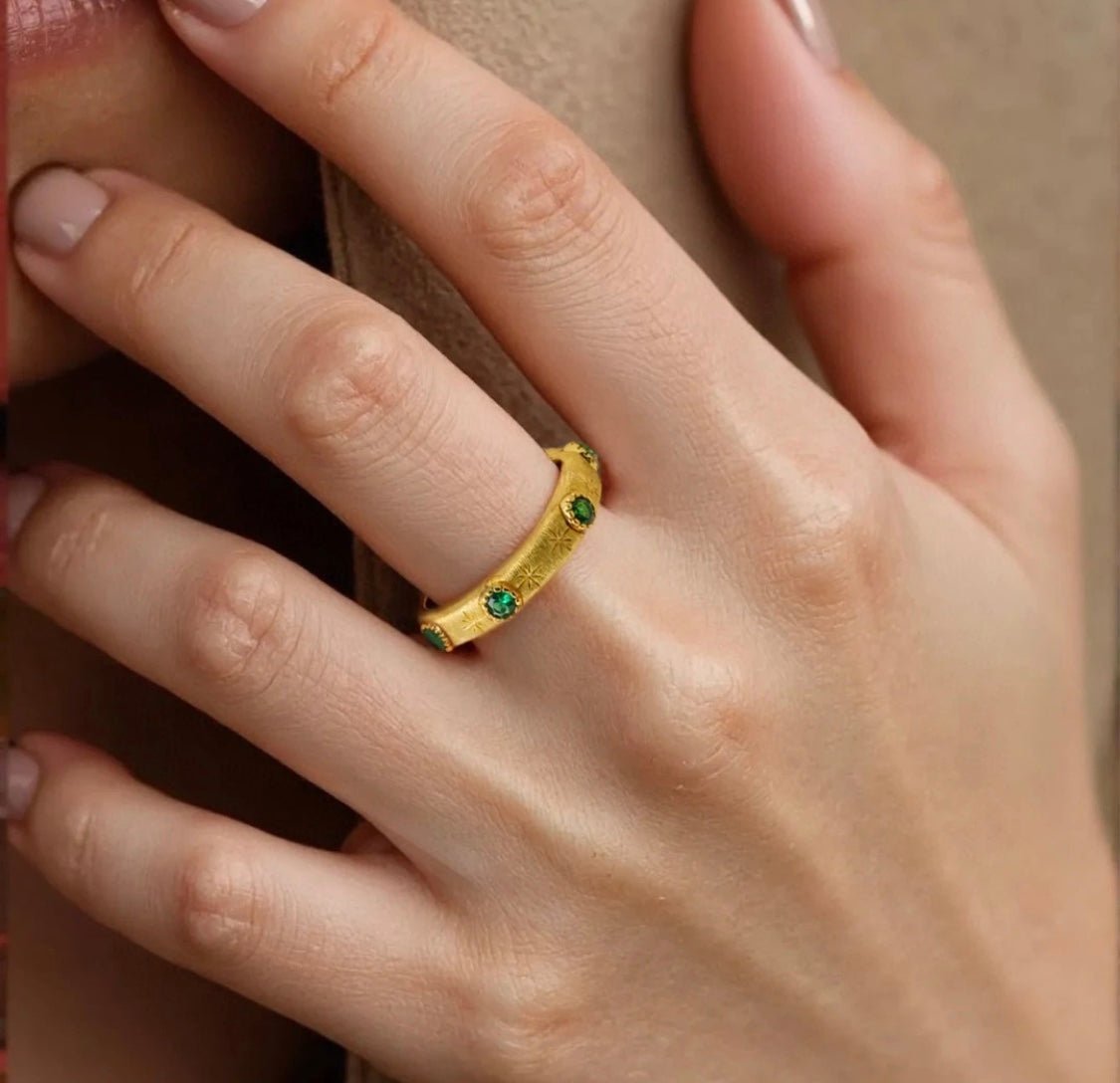 Vintage - Inspired Fine Gold Vermeil Stackable Ring - Green Diamond - floysun