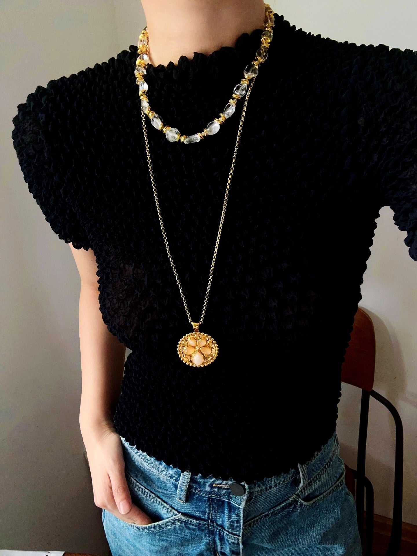 Vintage - Inspired White Crystal Clover Compass Long Necklace - floysun