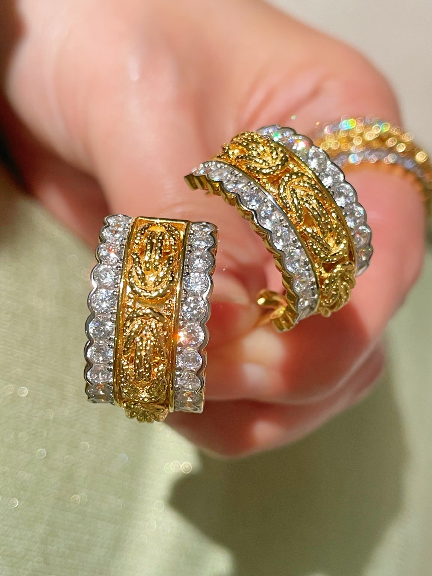 Vintage - Inspired Wide Hoop Earrings with Sparkling Stones - floysun