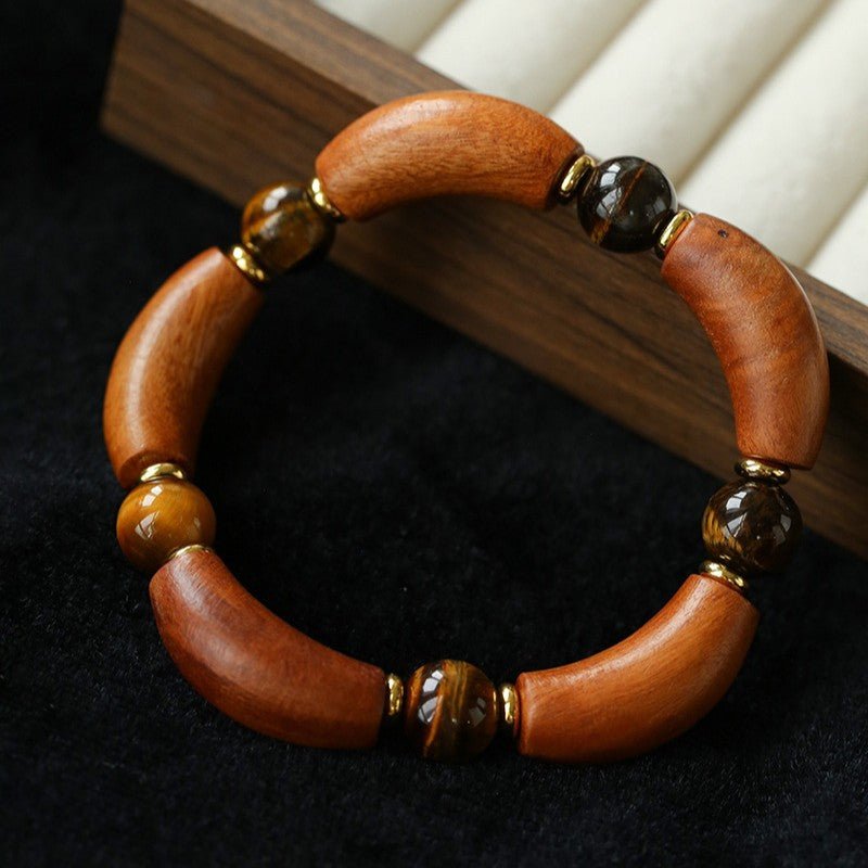 Vintage Jujube Wood & Tiger's Eye Sculptural Beaded Bracelet - floysun