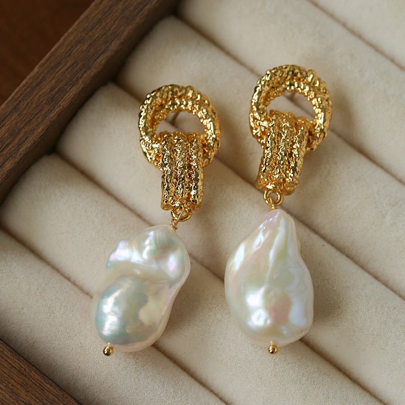 Vintage Lava Textured Double Interlock Ring Pearl Drop Earrings - floysun