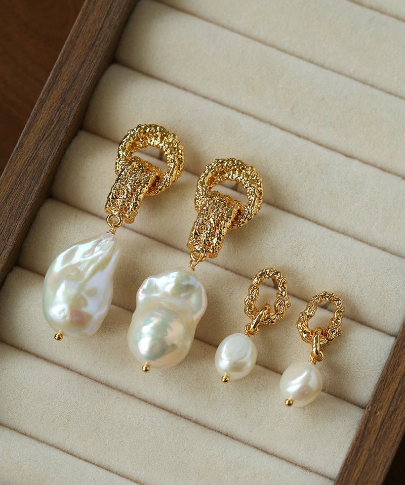 Vintage Lava Textured Double Interlock Ring Pearl Drop Earrings - floysun