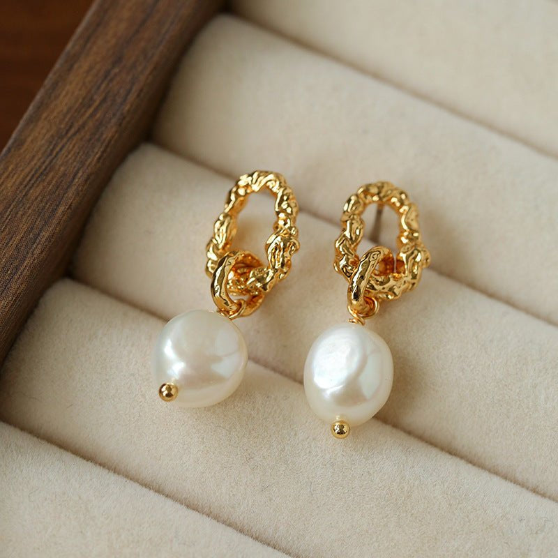 Vintage Lava Textured Double Interlock Ring Pearl Drop Earrings - floysun