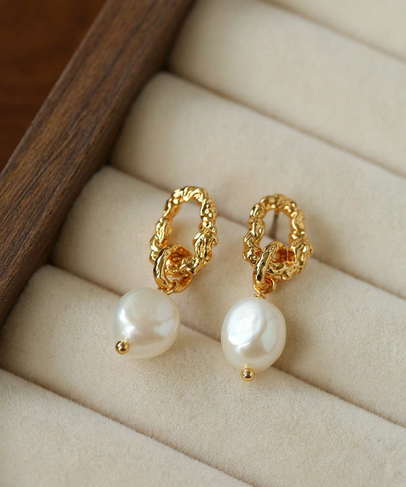Vintage Lava Textured Double Interlock Ring Pearl Drop Earrings - floysun